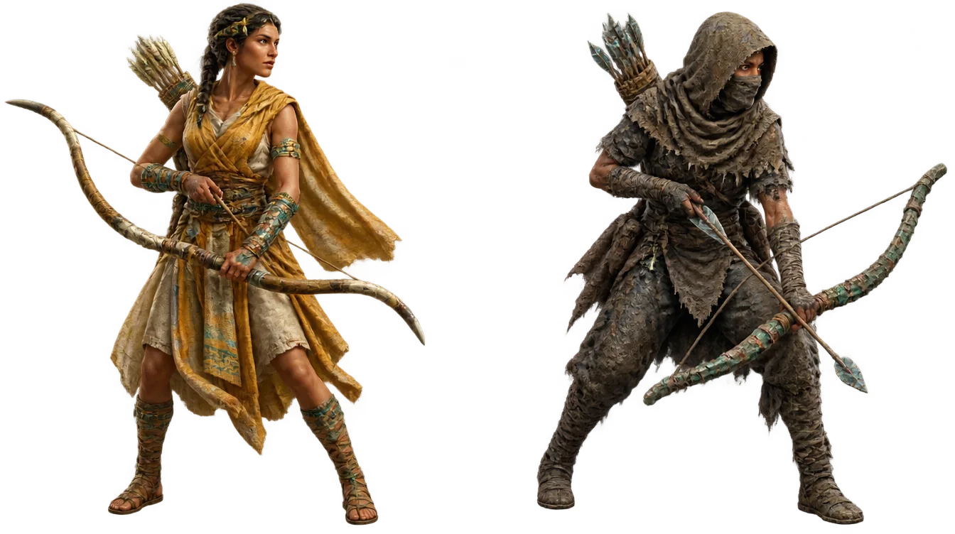 Reedbow Zaman Bangun: pemanah berbusur buluh dan tanduk, berkain kuning emas.